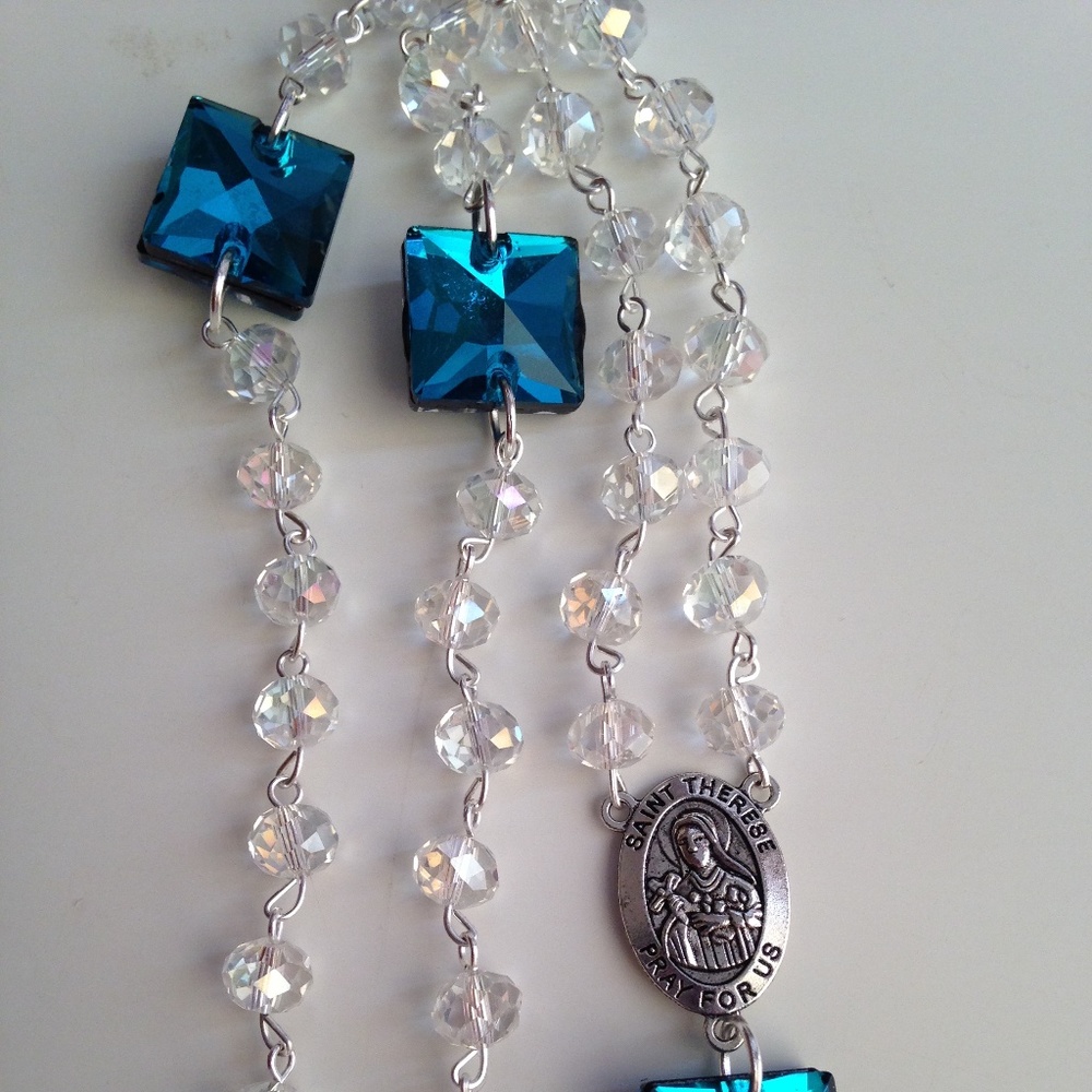 BLUE CRYSTAL AND CLEAR BEADED ROSARY